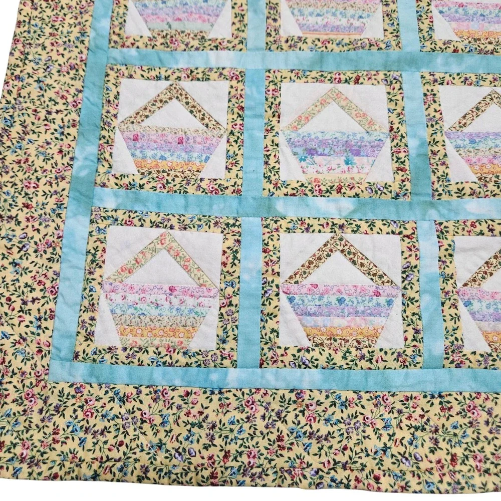 Handmade Quilt Table Runner Centerpiece Easter Spring Baskets Floral Yellow Blue